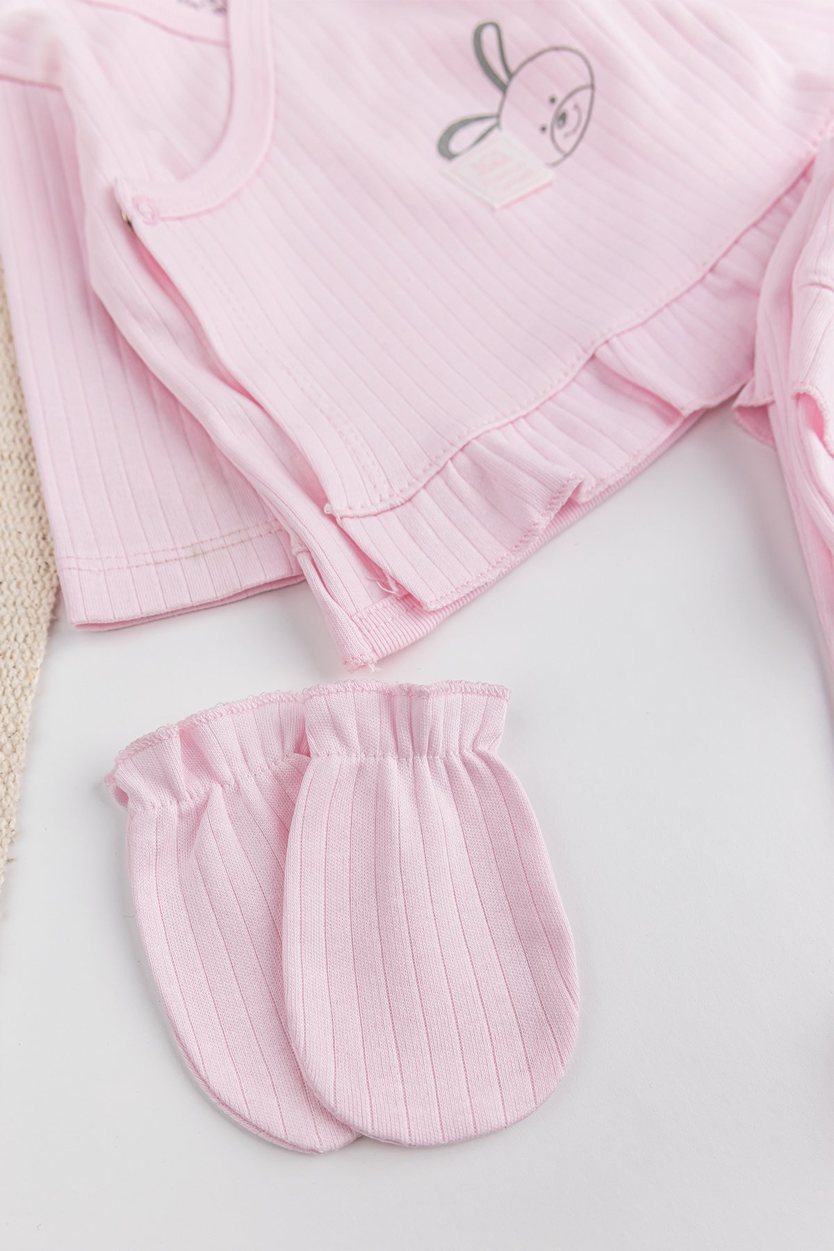 Tavşan Figürlü Pamuklu 5 Parça Kız Bebek Hastane Çıkışı Bebek Takımı