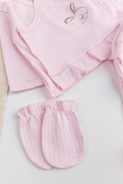 Tavşan Figürlü Pamuklu 5 Parça Kız Bebek Hastane Çıkışı Bebek Takımı