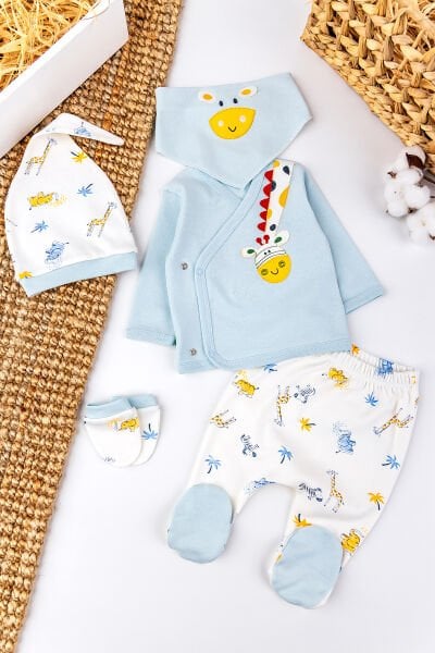 Zürafa Temalı 5 Parça Pamuklu Erkek Bebek Hastane Çıkışı Bebek Takımı