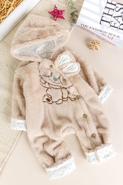Tavşan Fiğürlü Kışlık Peluş Kız/Erkek Bebek Tulum