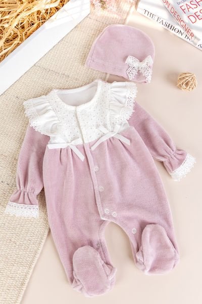 Fiyonklu Kadife Kışlık Kız Bebek Tulum Set