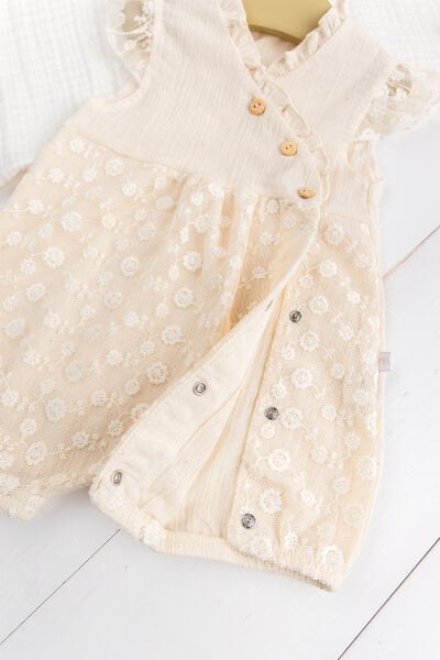 %100 Pamuk Tüllü Fırfırlı Yazlık Kız Bebek Müslin Tulum Krem