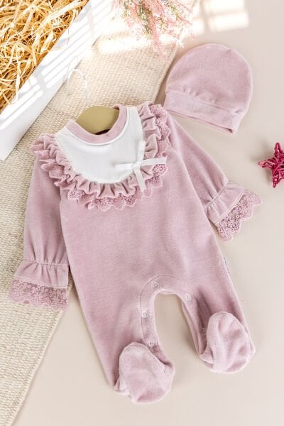 Güpürlü Pamuklu Kışlık Kadife Kız Bebek Tulum Set