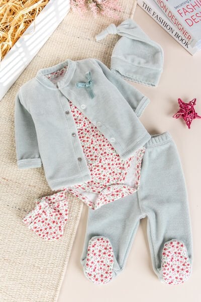 Hırkalı 5'li  Pamuklu Kadife Kız Bebek Takım Set Hastane Çıkışı