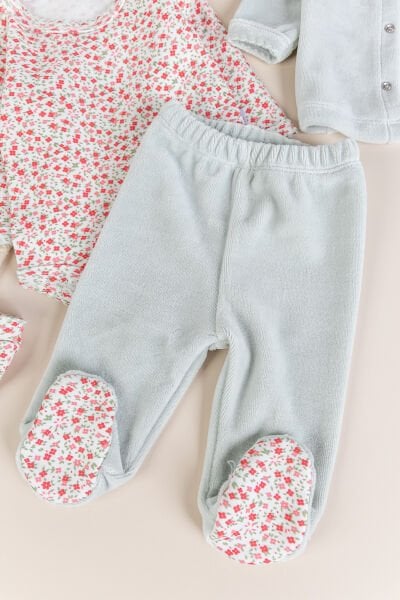 Hırkalı 5'li  Pamuklu Kadife Kız Bebek Takım Set Hastane Çıkışı