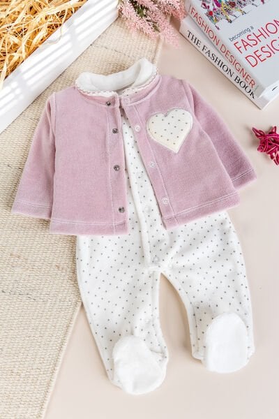 Hırkalı Bebe Yaka 2'li Kadife Kışlık Kız Bebek Tulum Set