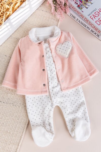 Hırkalı Bebe Yaka 2'li Kadife Kışlık Kız Bebek Tulum Set