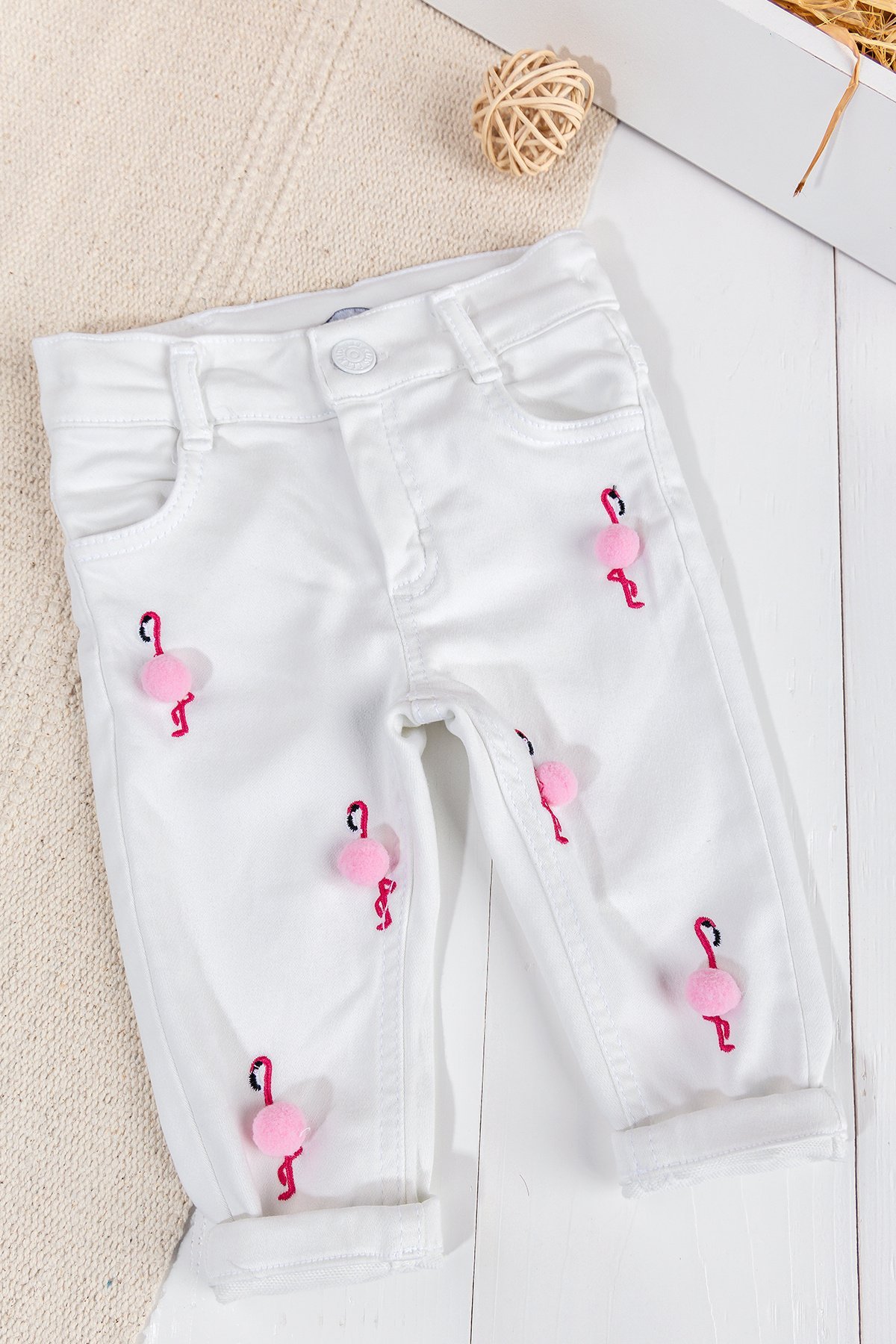 Flamingo Ponponlu Kız Bebek Denim Pantolon Beyaz