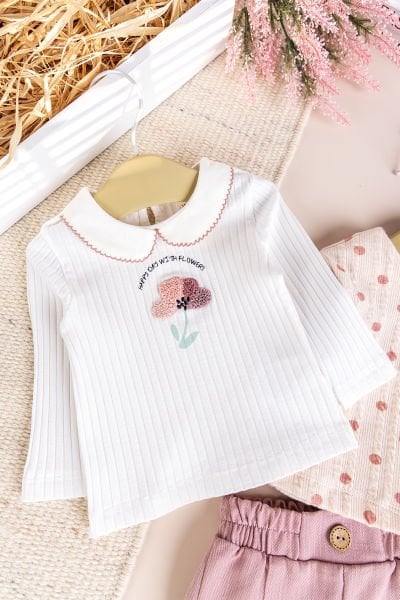 Puantiyeli 3'lü Çiçek İşlemeli Pamuklu Kız Bebek Takımı Set