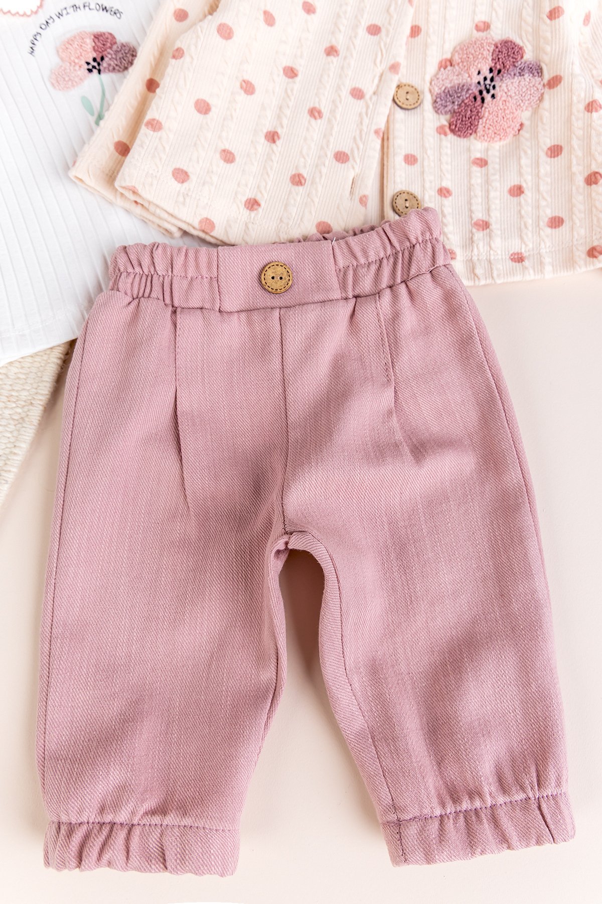 Puantiyeli 3'lü Çiçek İşlemeli Pamuklu Kız Bebek Takımı Set