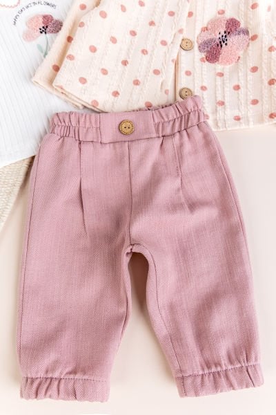 Puantiyeli 3'lü Çiçek İşlemeli Pamuklu Kız Bebek Takımı Set