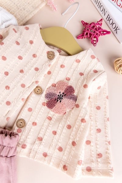 Puantiyeli 3'lü Çiçek İşlemeli Pamuklu Kız Bebek Takımı Set