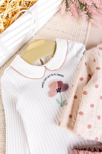 Puantiyeli 3'lü Çiçek İşlemeli Pamuklu Kız Bebek Takımı Set