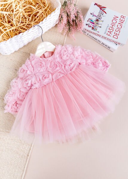 Fiyonklu Güllü Tül Detaylı Şık Dogum Günü Özel Gün Kız Bebek/Çocuk Elbise