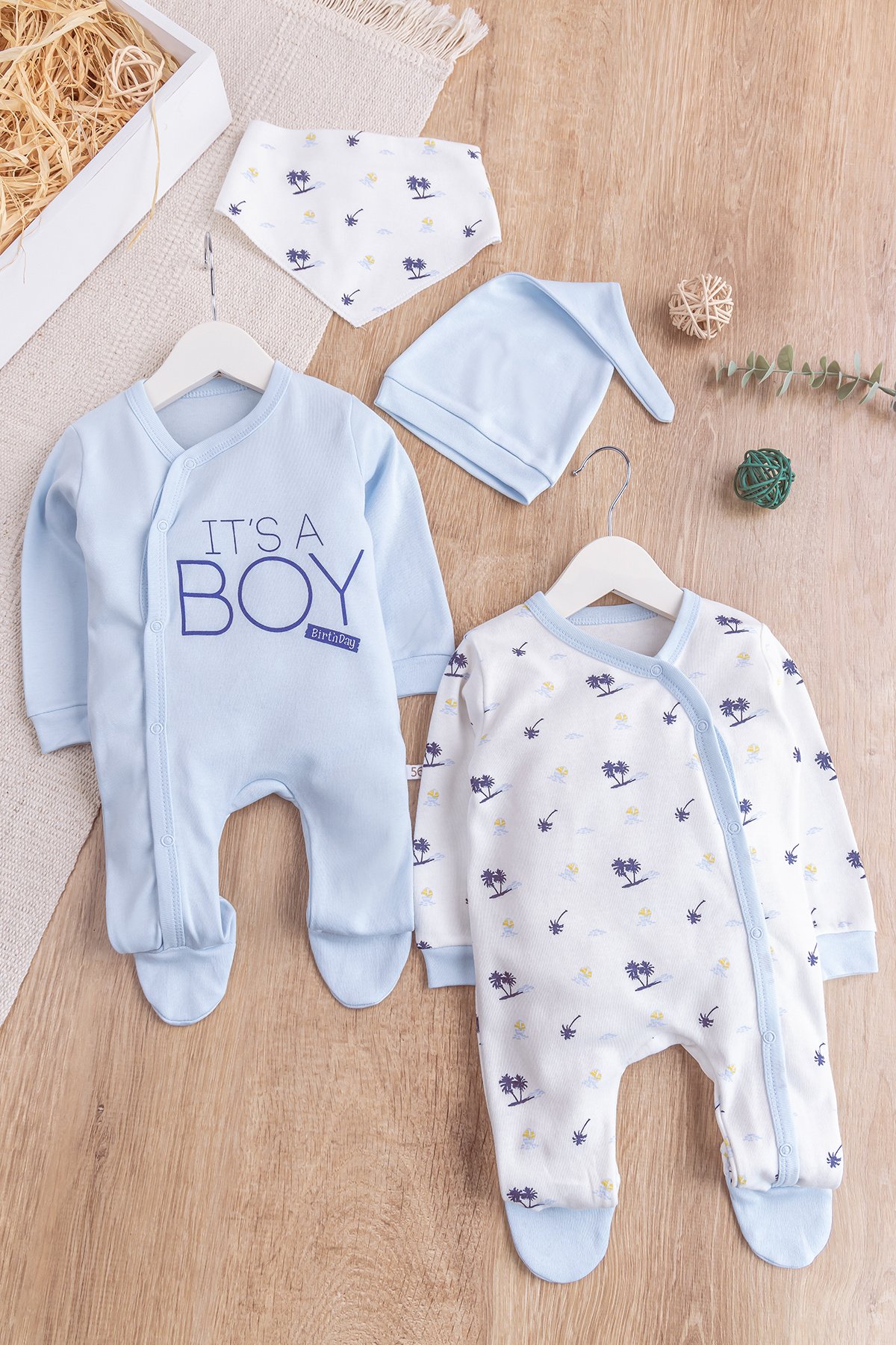Palmiye Desenli Boy Baskılı 2'li Uzun Kollu Erkek Bebek Tulum Takım