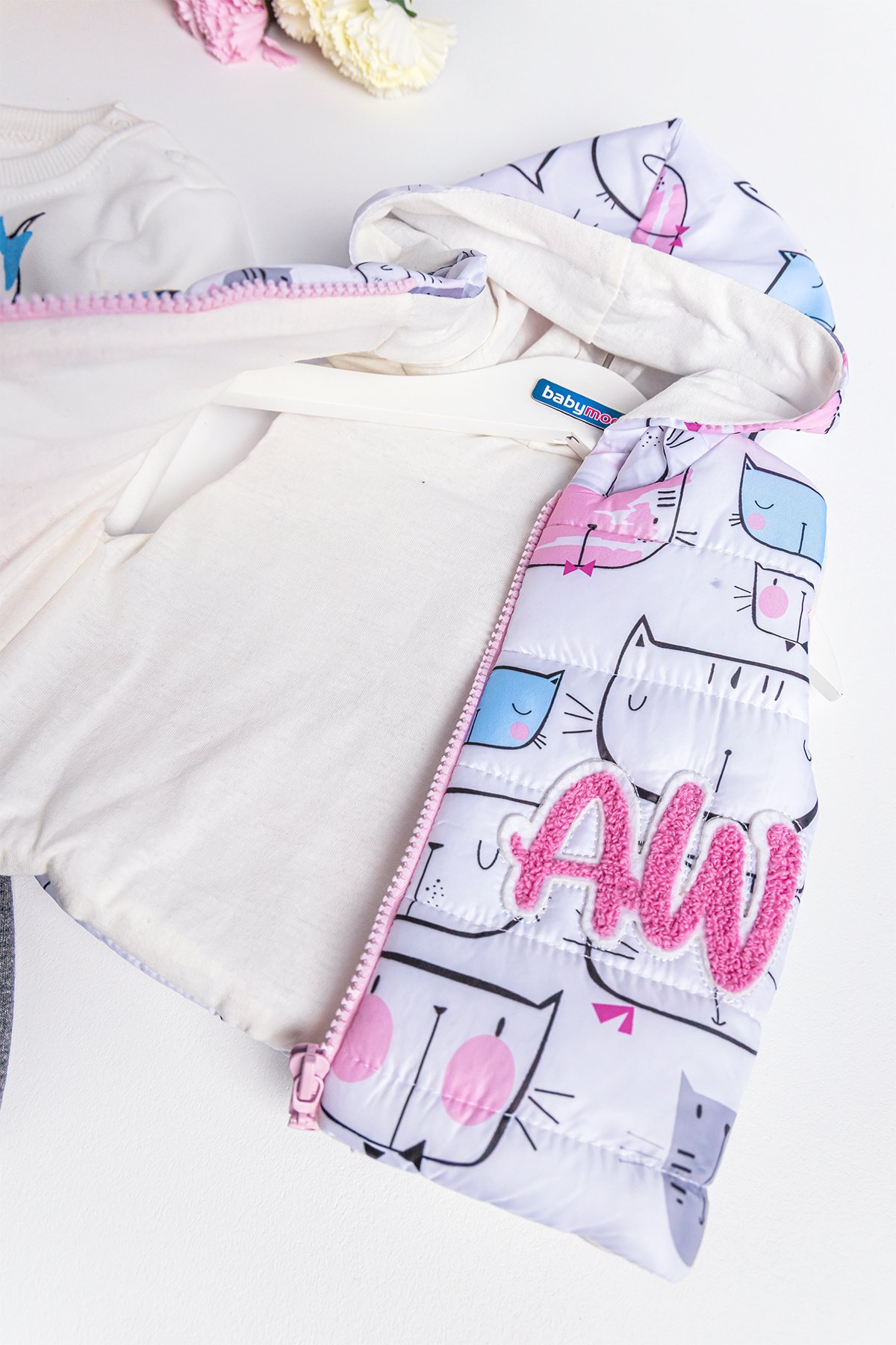 Kız Bebek Takım Kedi Desenli Kız Bebek Şişme Yelekli Takım