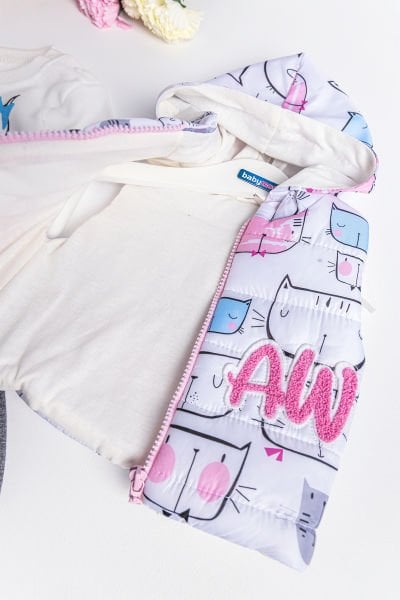 Kız Bebek Takım Kedi Desenli Kız Bebek Şişme Yelekli Takım