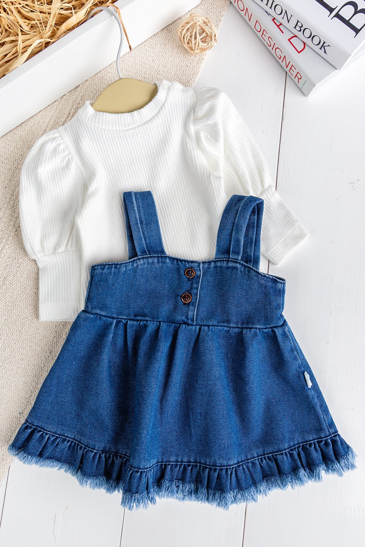 Püsküllü Jean Jile  Elbise Kot Salopet Buluz Set