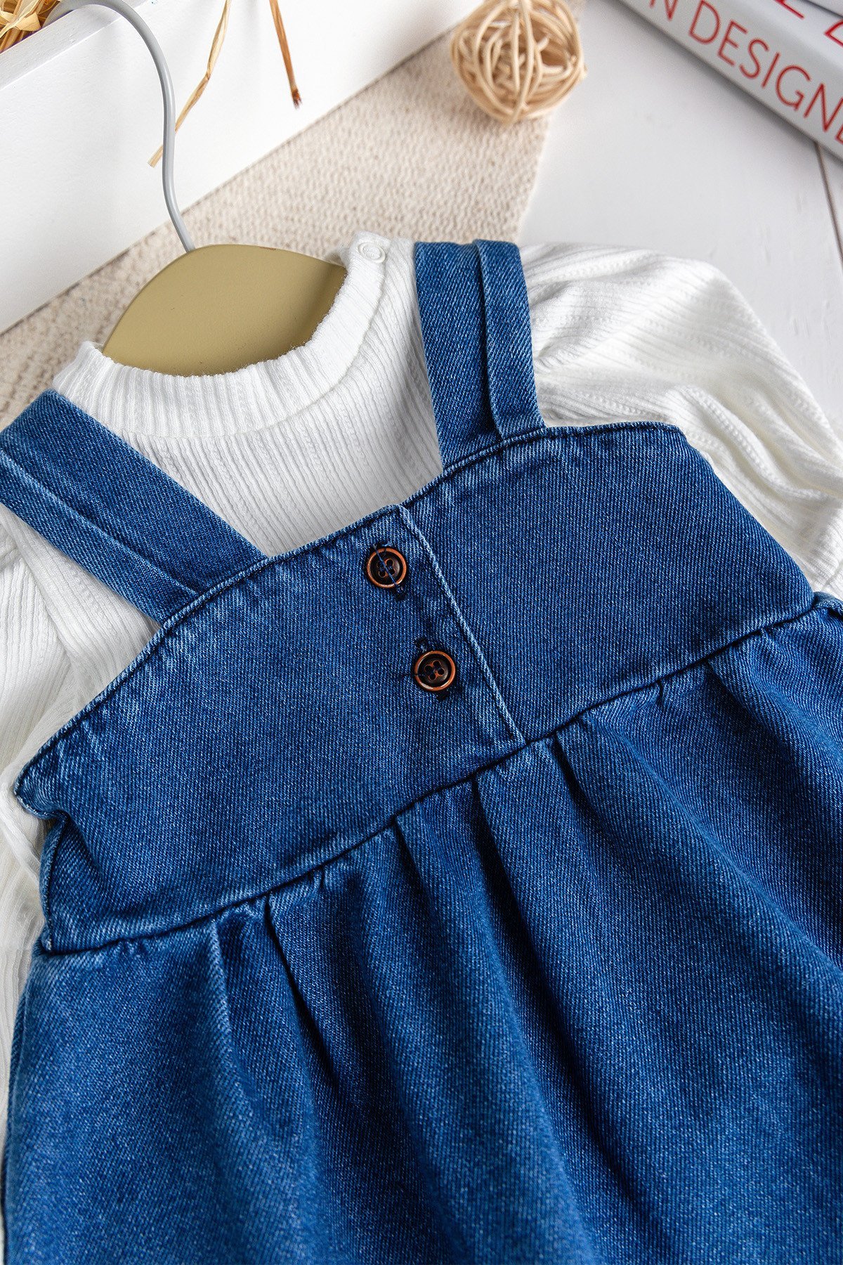 Püsküllü Jean Jile  Elbise Kot Salopet Buluz Set