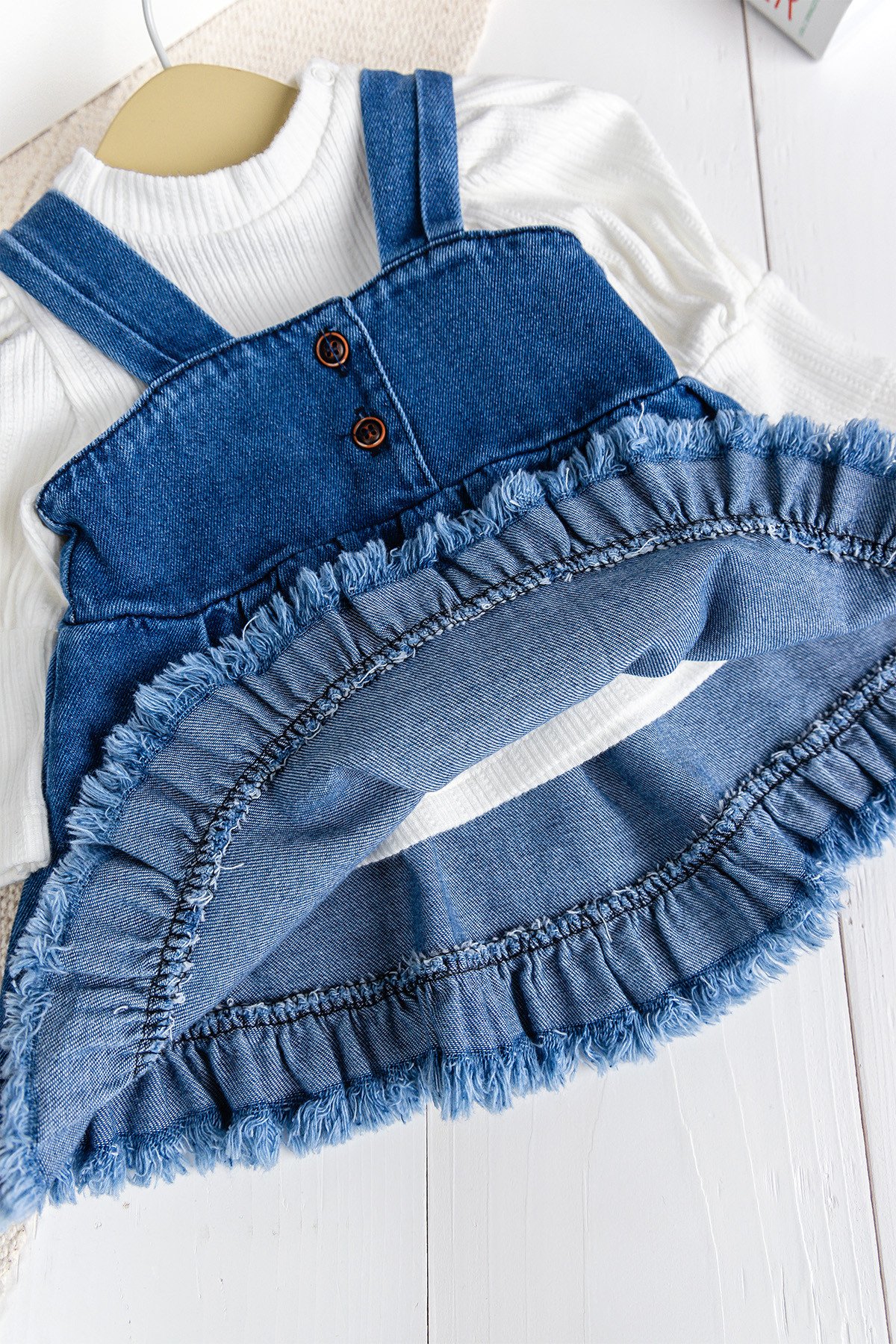 Püsküllü Jean Jile  Elbise Kot Salopet Buluz Set