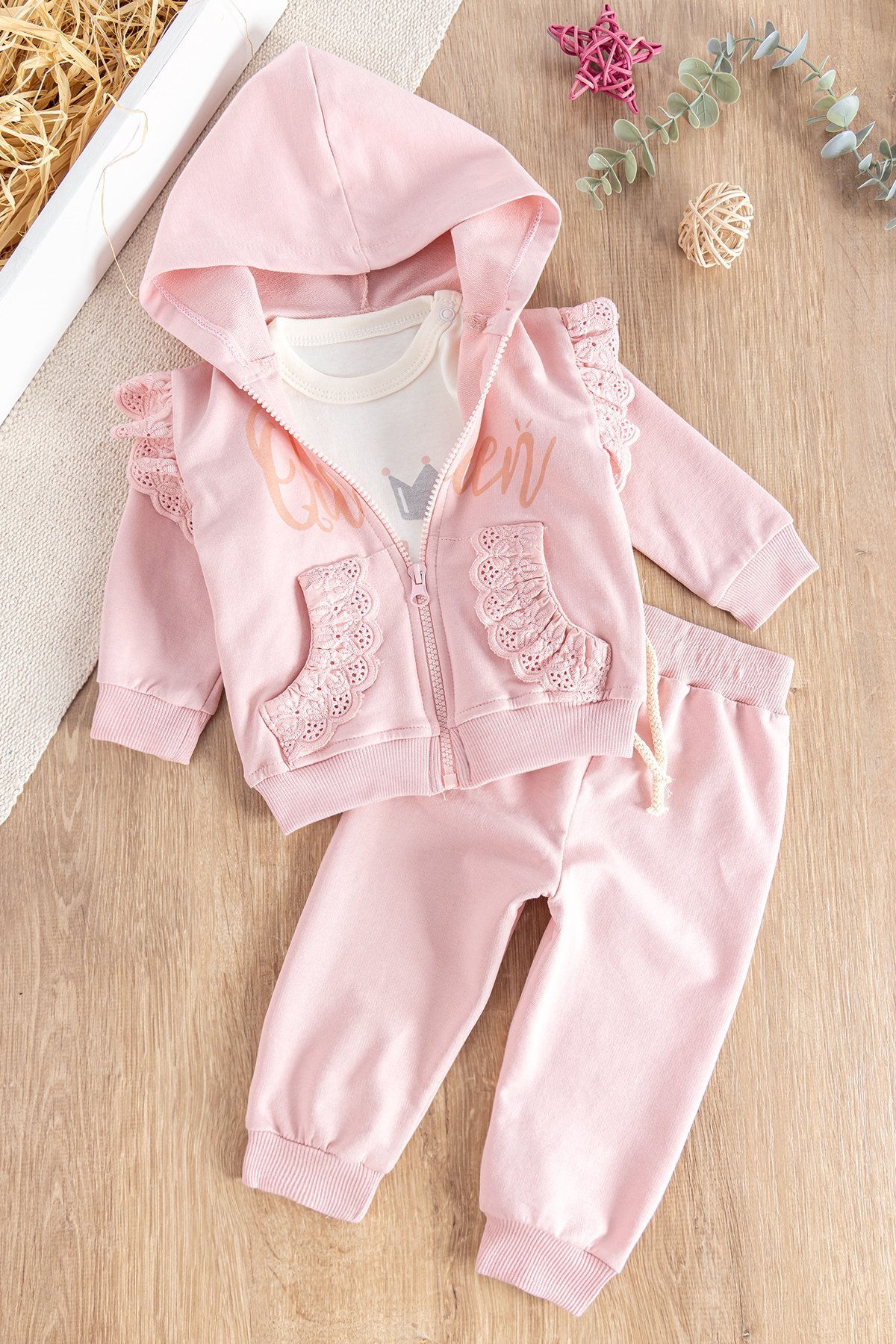 Queen Baskılı 3'lü Hırkalı Kız Bebek Takım