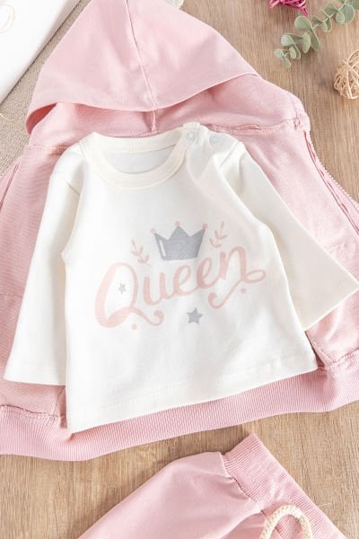 Queen Baskılı 3'lü Hırkalı Kız Bebek Takım