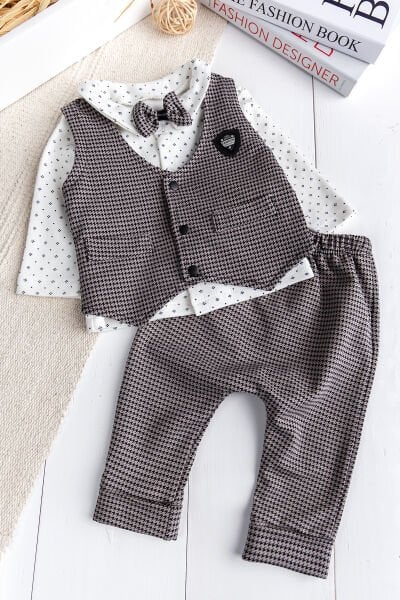 Kaz Ayagı Desenli Yelekli  Papyonlu 4'lü Erkek Bebek Takım Set Şık Özel Gün