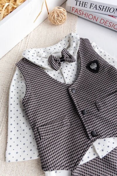 Kaz Ayagı Desenli Yelekli  Papyonlu 4'lü Erkek Bebek Takım Set Şık Özel Gün