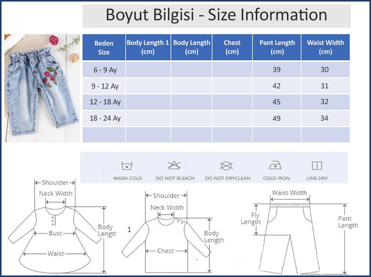Çilek Nakışlı Denim Kumaşlı Beli Lastikli Kız Bebek Kot Pantolon