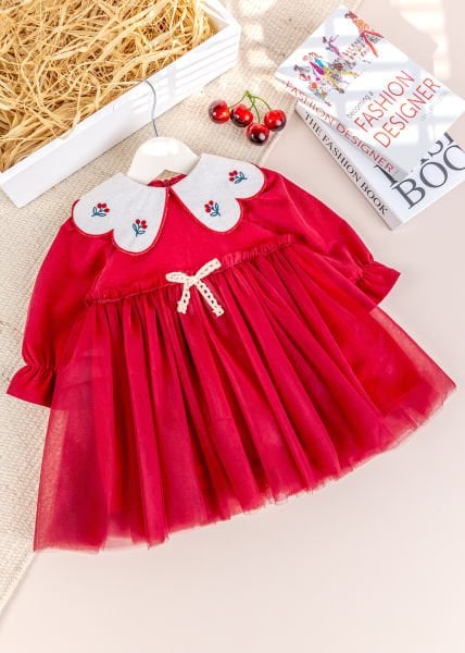 Bebe Yaka Tül  Etekli Şık Özel Gün Kadife Bebek Elbise