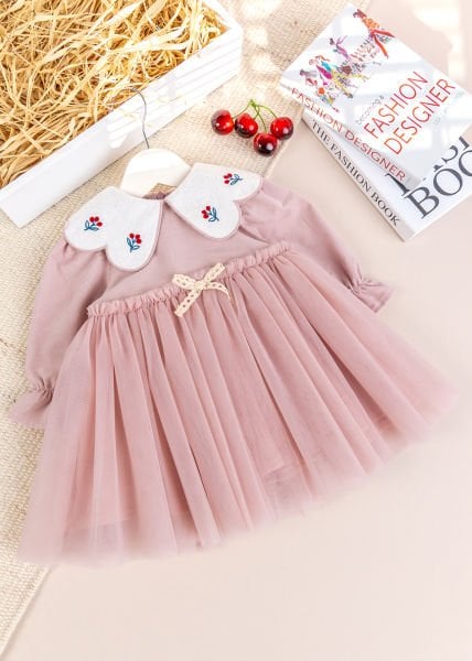 Bebe Yaka Tül  Etekli Şık Özel Gün Kadife Bebek Elbise