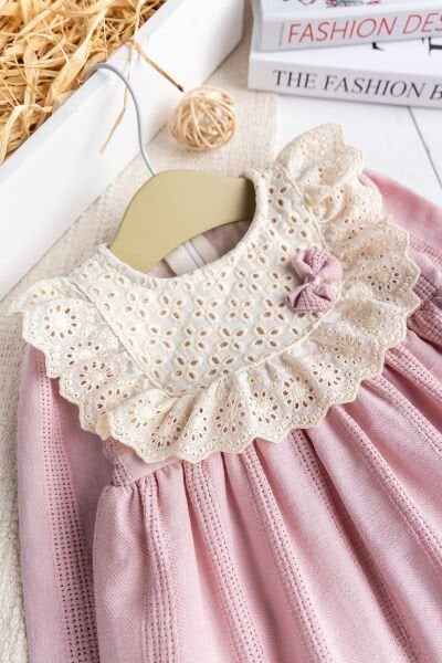 Fistolu Kare Yaka %100 Pamuk Pembe Kız Bebek Elbise Özel Gün Doğum Günü