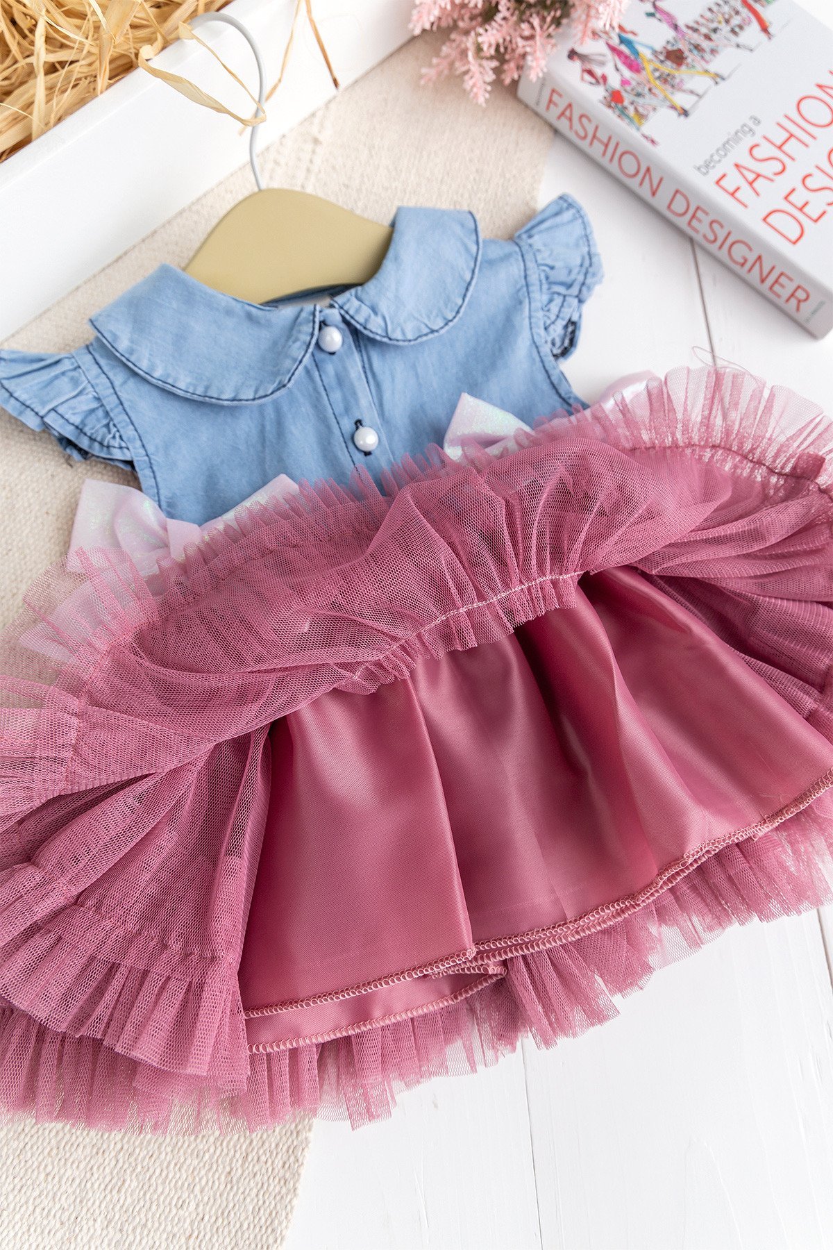 Fiyonklu Bebe YakaTüllü  Şık Dogum Günü Özel Gün Kız Bebek Elbise