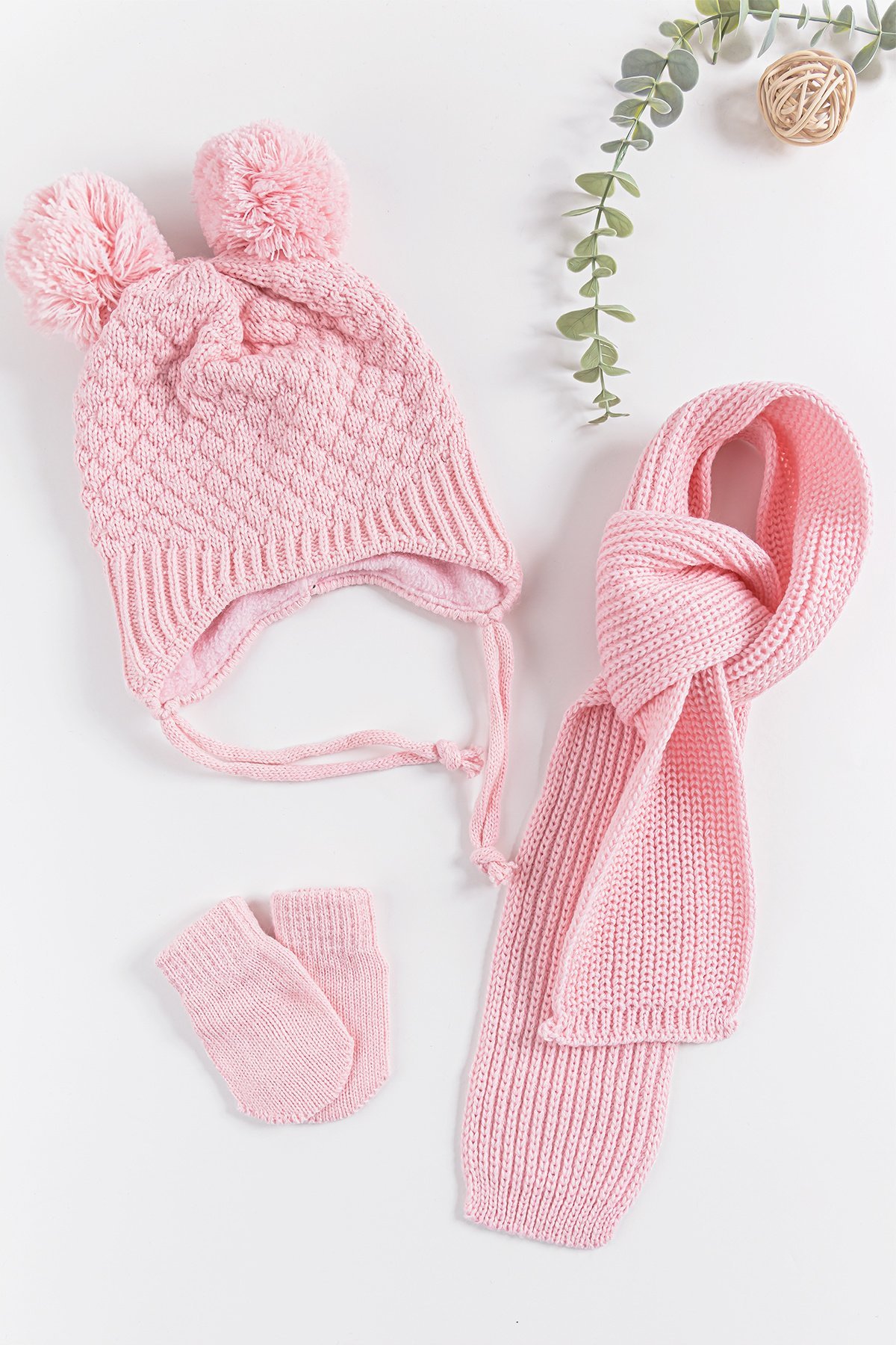 Ponponlu 0-18 Ay Kız Bebek Atkı Bere Eldiven Takımı