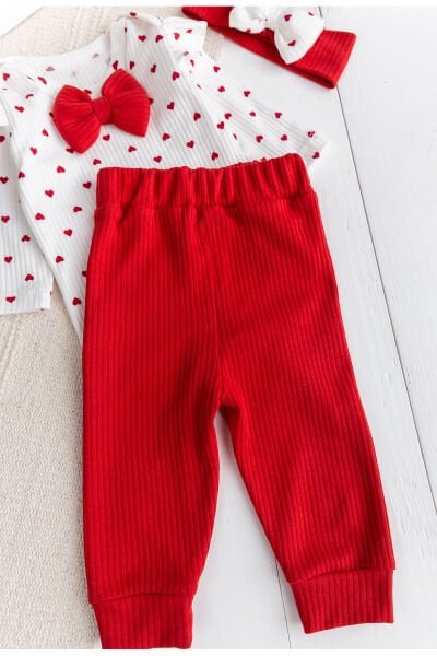 Minik Kalp Desenli Bandanalı 3'lü Kız Bebek Takım