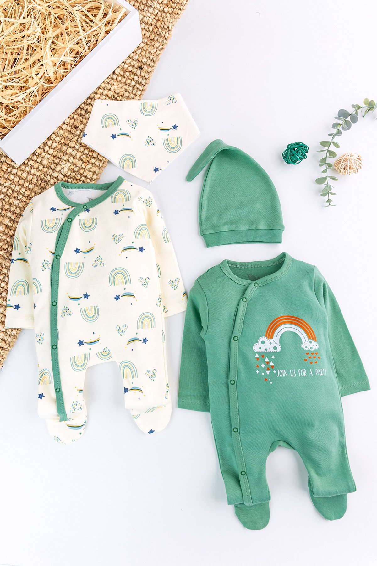 Gökkuşağı Temalı 2'li Uzun Kollu Kız/Erkek Bebek Tulum Takım