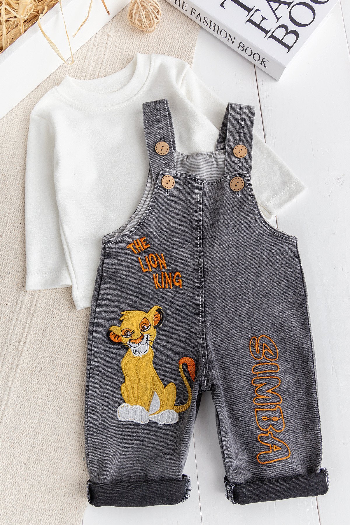 Aslan Fiğürlü Erkek Bebek 2'li Kot Salopet Tulum Takım Set