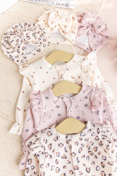 Üçlü 100% Pamuk Şapkalı Kız Bebek Tulum