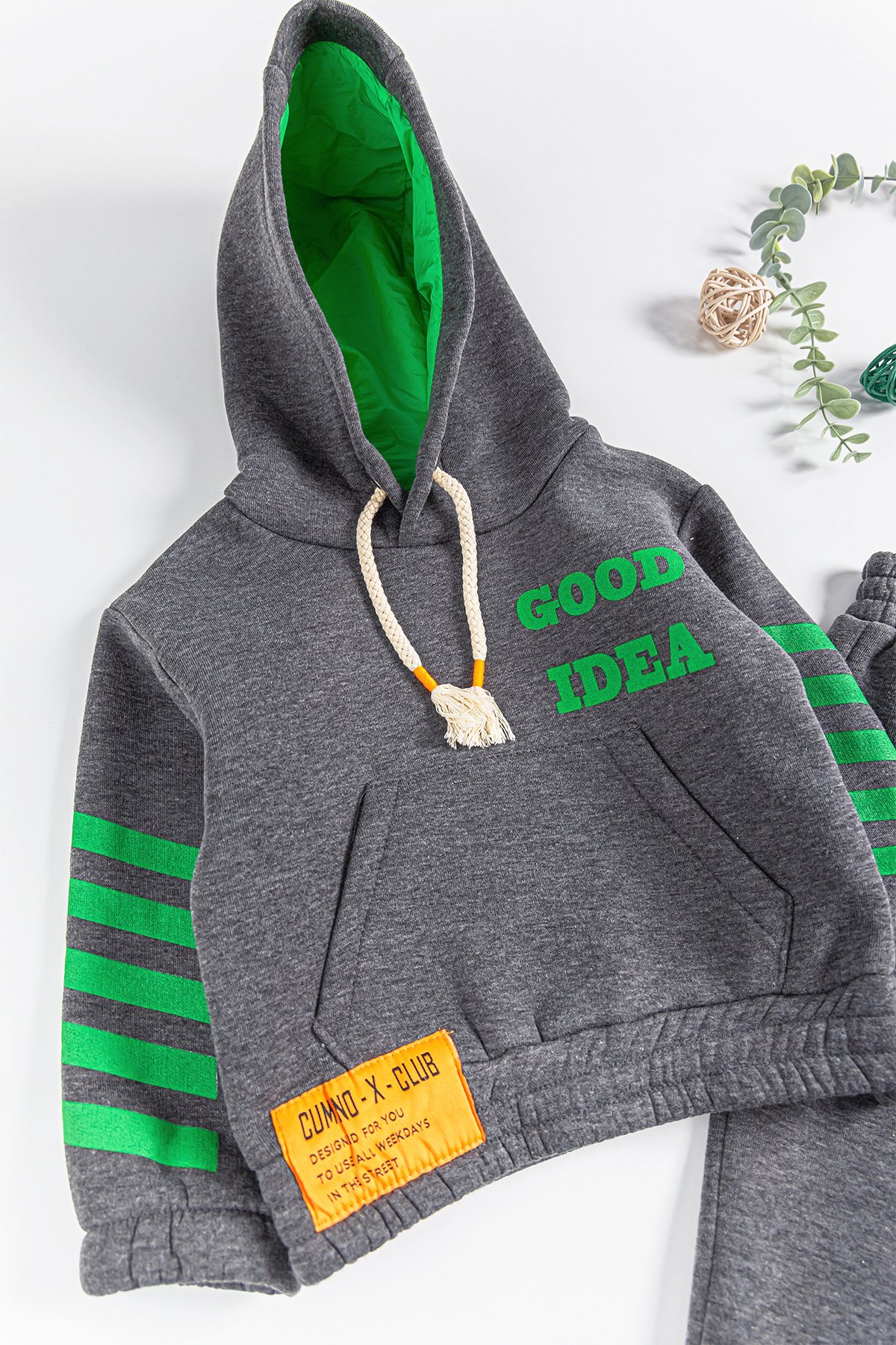 Kapüşonlu Çizgi Şeritli Erkek Çocuk Eşofman Takımı Füme - 4 Yaş