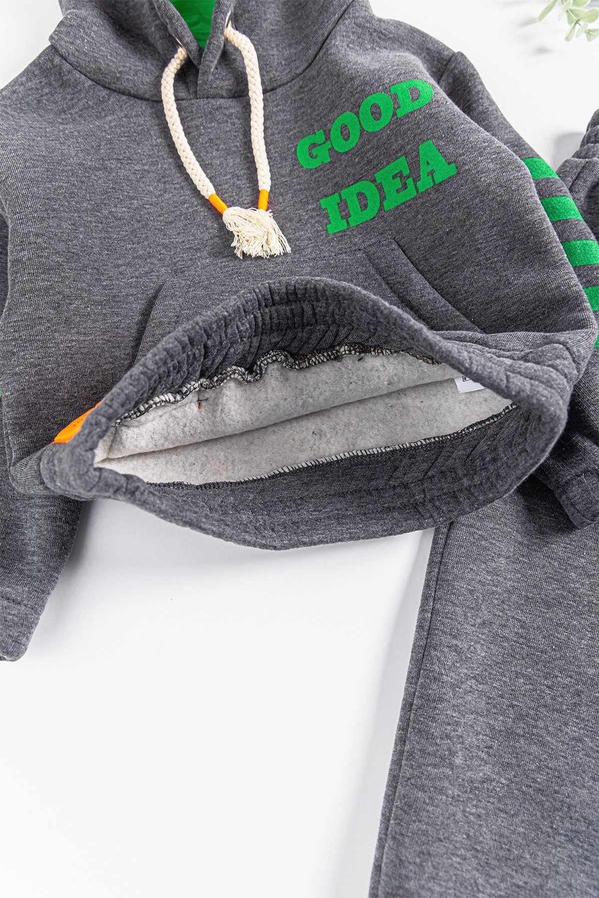 Kapüşonlu Çizgi Şeritli Erkek Çocuk Eşofman Takımı Füme - 4 Yaş