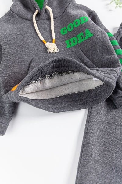 Kapüşonlu Çizgi Şeritli Erkek Çocuk Eşofman Takımı Füme - 4 Yaş