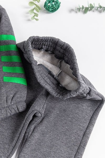 Kapüşonlu Çizgi Şeritli Erkek Çocuk Eşofman Takımı Füme - 4 Yaş