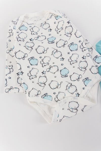 Kedi Figürlü 2'li Kız/Erkek Bebek Çıt Çıtlı Body Zıbın Takımı