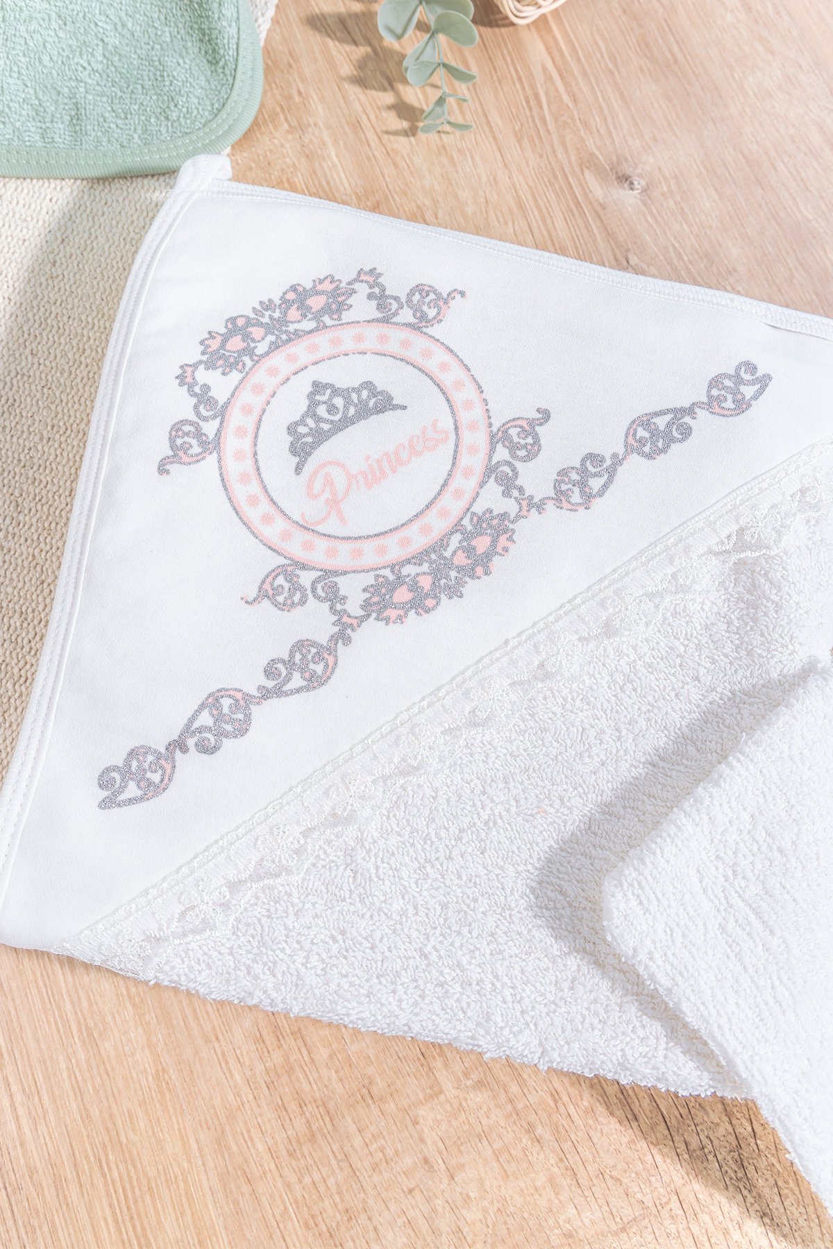 Prenses Baskılı Dantelli 2'li Pamuklu Bebek Havlu Seti