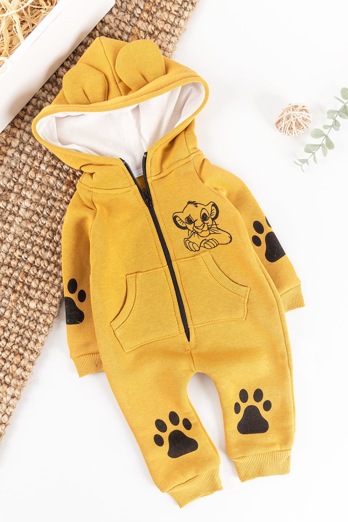 Yavru Aslan Figürlü Kapüşonlu Erkek Bebek Tulum