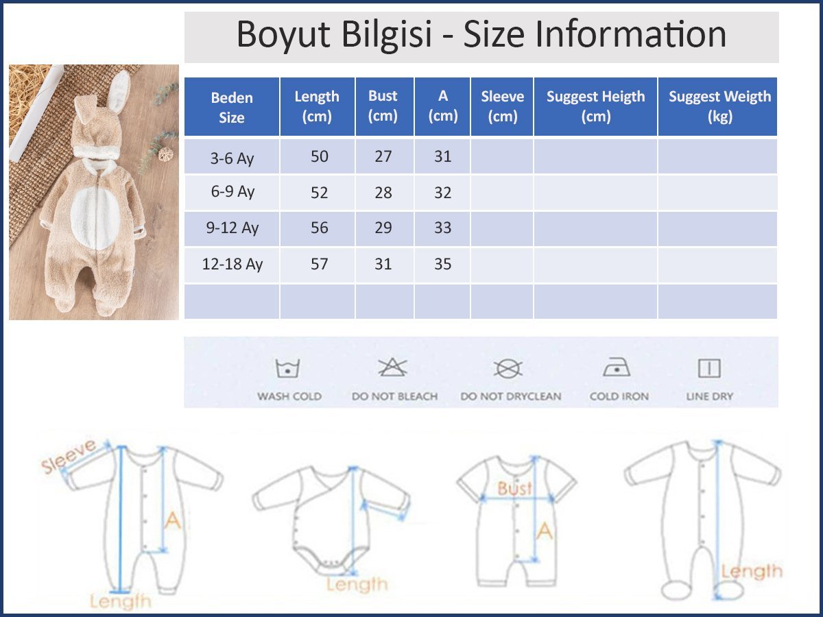 Tavşan Şapkalı Kuzu Welsoft Kız/Erkek Bebek Kışlık Tulum