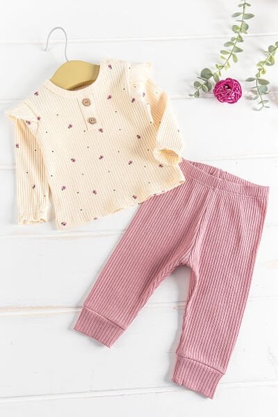 Çiçek Desenli Fırfırlı 2'li Kız Bebek Takım