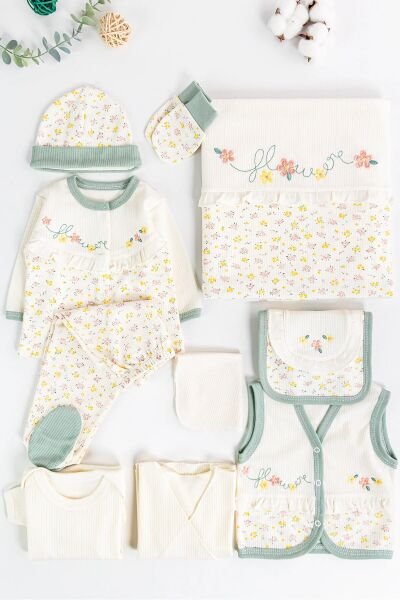Çiçek Nakışlı Fırfırlı Pamuklu 10 Parça Kız Bebek Hastane Çıkışı Bebek Takımı