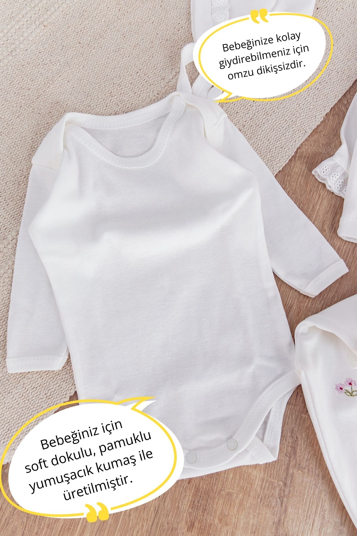 Çiçek İşlemeli Güpürlü Pamuklu 10 Parça Kız Bebek Hastane Çıkışı Bebek Takımı