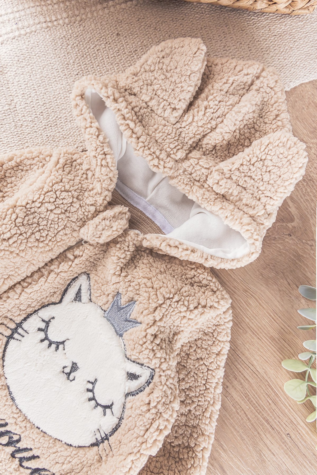 Kedi Figürlü Peluş Welsoft Kız/Erkek Bebek Tulum BEJ -  0-3 AY